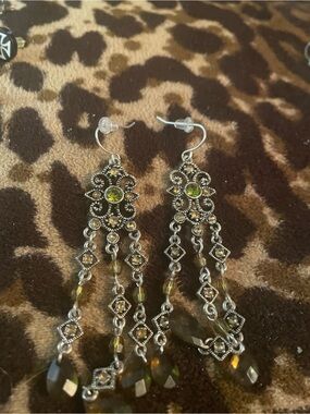 Silver-Tone Olive Green Dangle Chandelier Earrings